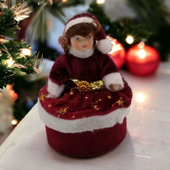 Brown Hair Burgundy Doll Trinket Box Miniature Christmas Porcelain Seasonal - Picture 1 of 7